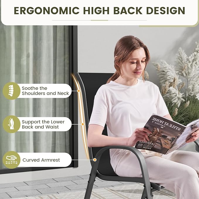 UDPATIO Patio Chairs Set of 8, Stackable Outdoor Dining Chairs with High Back, Breathable Textilene Fabric Outdoor Chair All Weather, 350LBS Capacity for Garden, Backyard (Black)