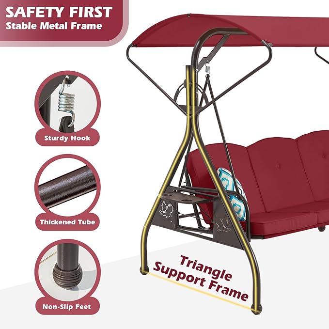 800LBS Patio Swing with Canopy 3 Seat Outdoor Porch Swing with Stand w/Cup Holder & Pillow Glider Chair Swing Bed for Patio Backyard Poolside (Red)