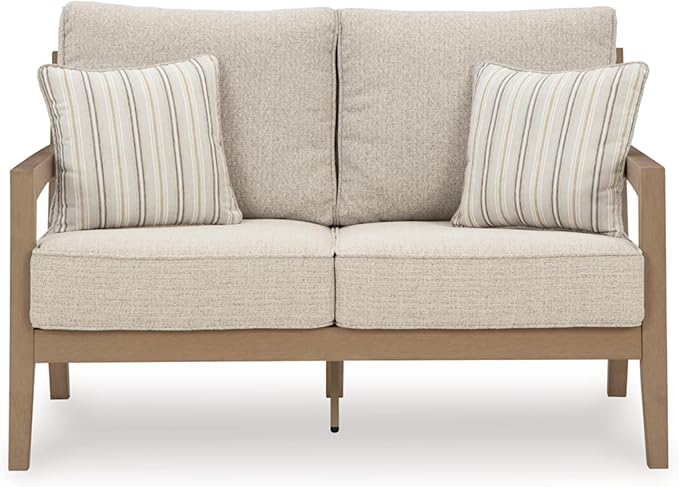 Signature Design by Ashley Hallow Creek Cottage Nuvella Weather Resistant Fabric Outdoor Loveseat with Cushion and 2 Throw Pillows, Light Brown & Beige
