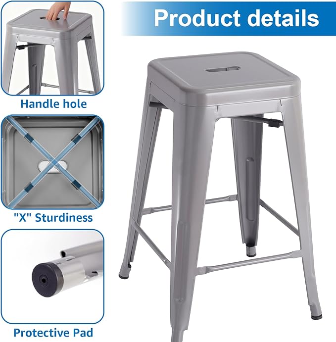 Stackable Metal Bar Stool Backless Indoor-Outdoor Counter Stools Fullmetal Dinning Chairs Set of 4 (Grey, 24 Inch)