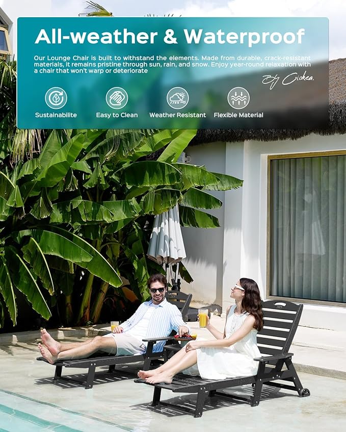 Outdoor Chaise Lounge Chair Set of 2, Patio Lounge Chairs for Outside, HDPE Lounge Chairs with Wheels & Cup Holder, Poly Lounge Chair with 5 Position for Poolside, Deck, Black