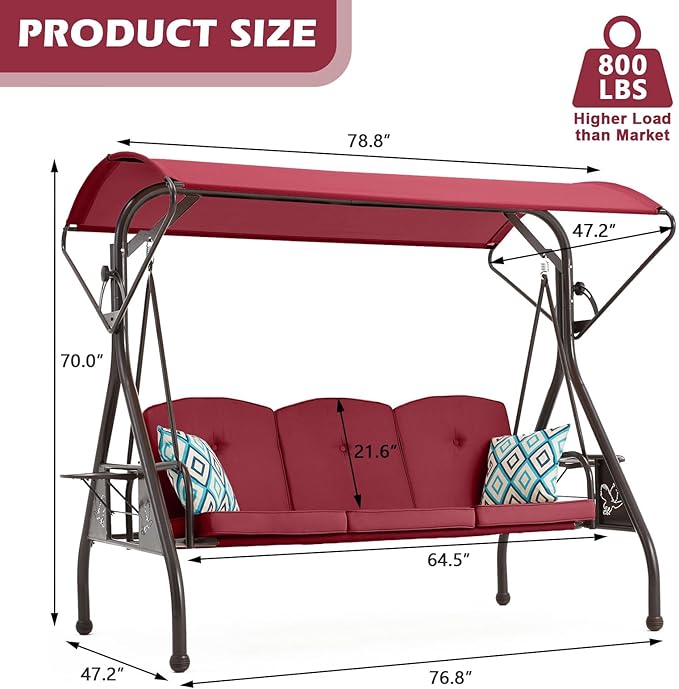 800LBS Patio Swing with Canopy 3 Seat Outdoor Porch Swing with Stand w/Cup Holder & Pillow Glider Chair Swing Bed for Patio Backyard Poolside (Red)