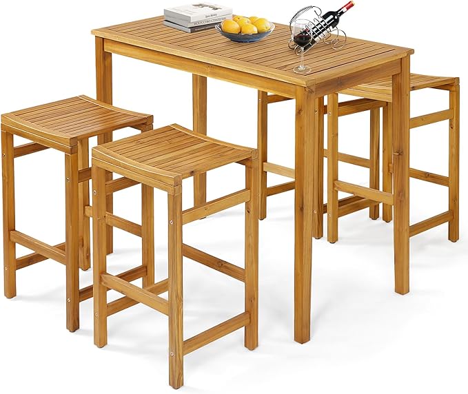 Tangkula 5 Piece Outdoor Acacia Wood Bar Table Set, 45" Rectangular High Top Table with 4 Saddle Seat Bar Height Stools, Space-Saving Patio Dining Set for 4, for Deck, Garden and Porch
