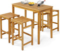 Tangkula 5 Piece Outdoor Acacia Wood Bar Table Set, 45" Rectangular High Top Table with 4 Saddle Seat Bar Height Stools, Space-Saving Patio Dining Set for 4, for Deck, Garden and Porch