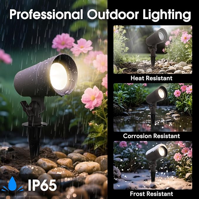 3CCT LED Landscape Lights with Connectors, 12V Low Voltage, 3000K/4000K/5000K Selectable, 3W, 200LM, Outdoor Waterproof Garden Pathway Lights Wall Tree Flag Spotlights with Spike Stand, 4 Pack
