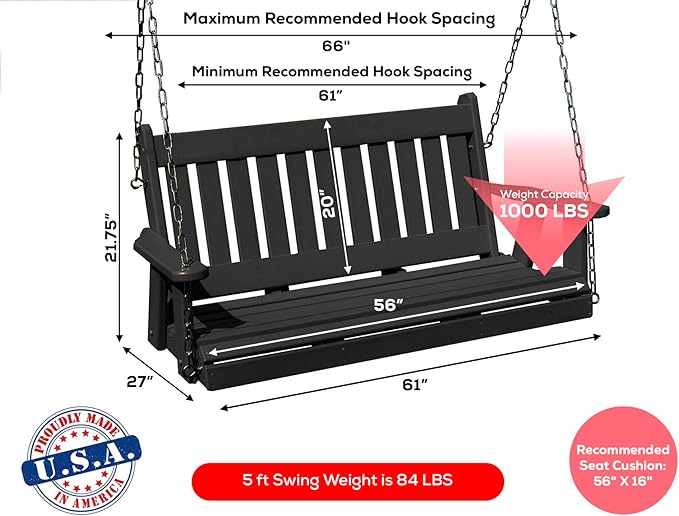 Mission Poly Lumber Wood 5FT Porch Swing Amish Craftsmandship Made in USA HDPE with No Wood fibers 1000 lbs Limit. Stainless Steel Hardware.Signature Design for Patio Outdoor Backyard Garden Park