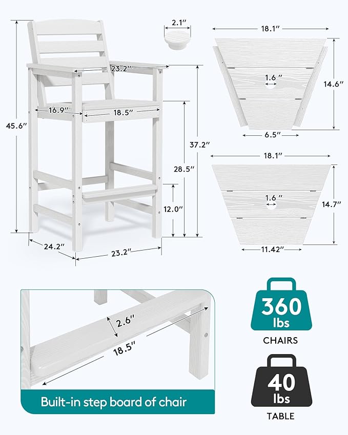 SERWALL Tall Adirondack Chairs Set of 2 with Connecting Table, Balcony Adirondack Chairs Set, Outdoor Bar Height Barstools Chair Set for Bistro, Poolside, Garden, White