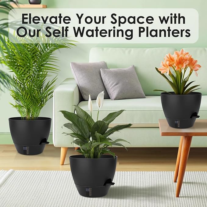 Self-Watering Plant Pots with Water Level Indicator, Drainage Holes & Saucers – 12/10/9 Inch Large Plastic Planter Set for Indoor & Outdoor Plants (Pure Black)