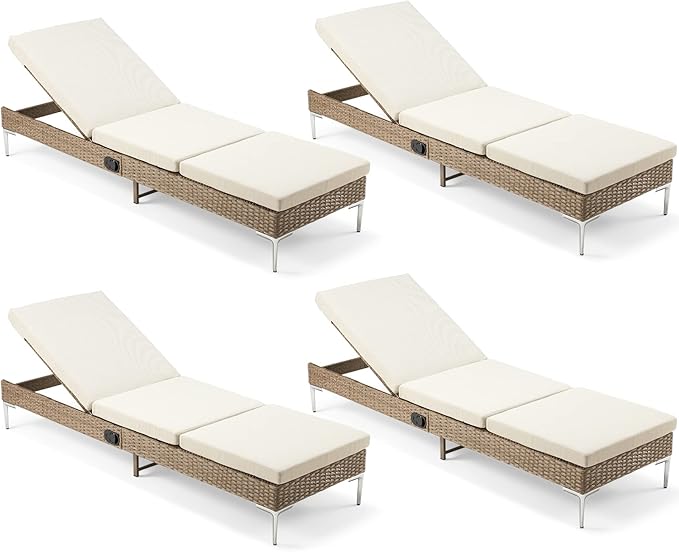 HOMREST Outdoor Chaise Lounge Chair Set of 4, Patio Wicker Lounge Chairs with Adjustable Backrest, Rattan Pool Sunbathing Chaiser with Removable Cushion (Khaki)