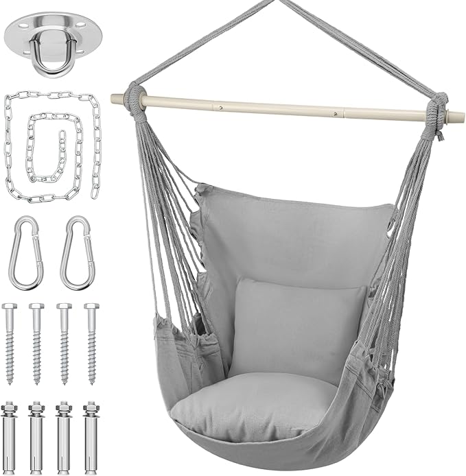 MoNiBloom Hammock Chair Hanging Rope Swing w/2 Cushions, Boho Macrame Hanging Chair Max 350 lbs Capacity w Pocket, Hardware Kit Included, Gray