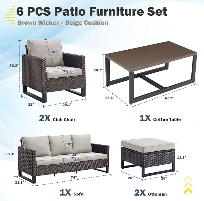Belord 6 Piece Outdoor Furniture Patio Wicker Sofa Set, Oversize Outdoor Dining Chairs with Rattan Ottomans, Conversation Sets Patio Furniture Come with Removable Cushion Beige, Brown