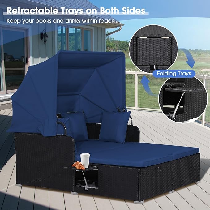 RELAX4LIFE Patio Outdoor Daybed with Canopy, Wicker Sunbed w/Cushions, 4 Pillows & 2 Retractable Side Trays, 2-Person Lounge Bed Conversation for Poolside Porch Garden, Rattan Outdoor Bed (Navy)