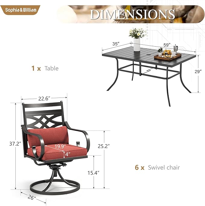 Sophia and William Swivel Patio Dining Set for 6, Outdoor Table and Chairs, Removable Red Seat Cushions, 60" Black Patio Dining Table,Red