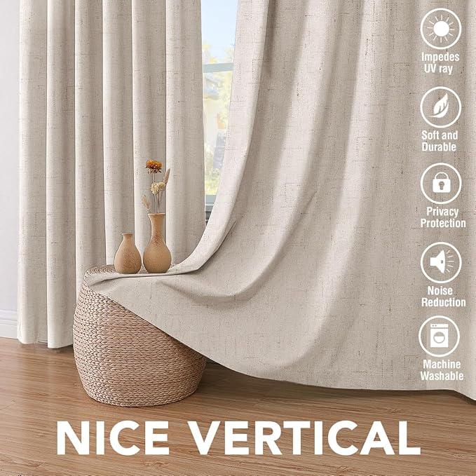 H.VERSAILTEX Blackout Curtains, Linen Curtains 108 inches Long 100% Black Out Curtains for Bedroom Windows, Textured Linen Look Draperies Grommet with White Liner, 2 Panels, Natural (Pack of 2)