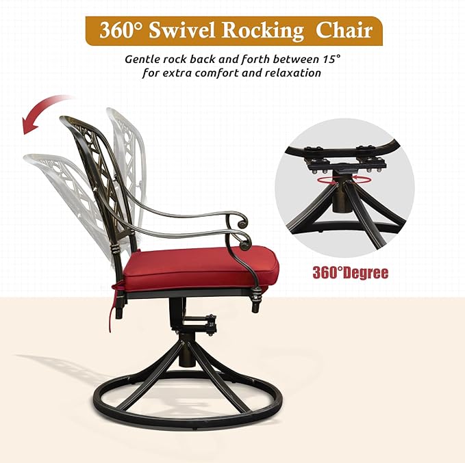 Cast Aluminum Outdoor Patio Dining Set, All Weather Outdoor Furniture Dining Set for Patio, Balcony, Lawn, Garden, Backyard (1 Round Table+4 Red Swivel Dining Chairs)