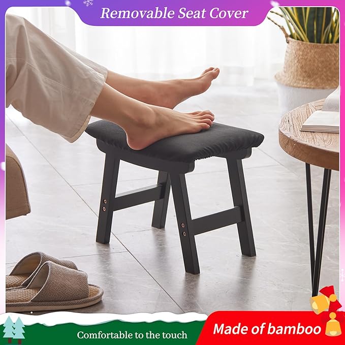 Foot Stool,Ottoman,Bamboo Small Sofa Foot Rest Under Desk,Extra Seating for Living Room, Bedroom and Kitchen (Black Stool Legs - Black Surface)