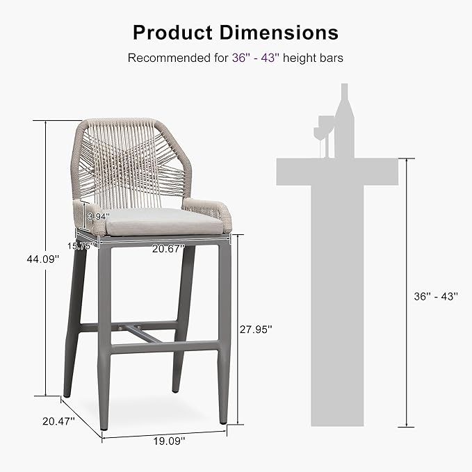 PURPLE LEAF Patio Bar Stool Bar Height Set of 2 Outdoor Rattan Chairs with Back Modern Aluminum Woven Barstools for Garden Indoor Kitchen Light Gray