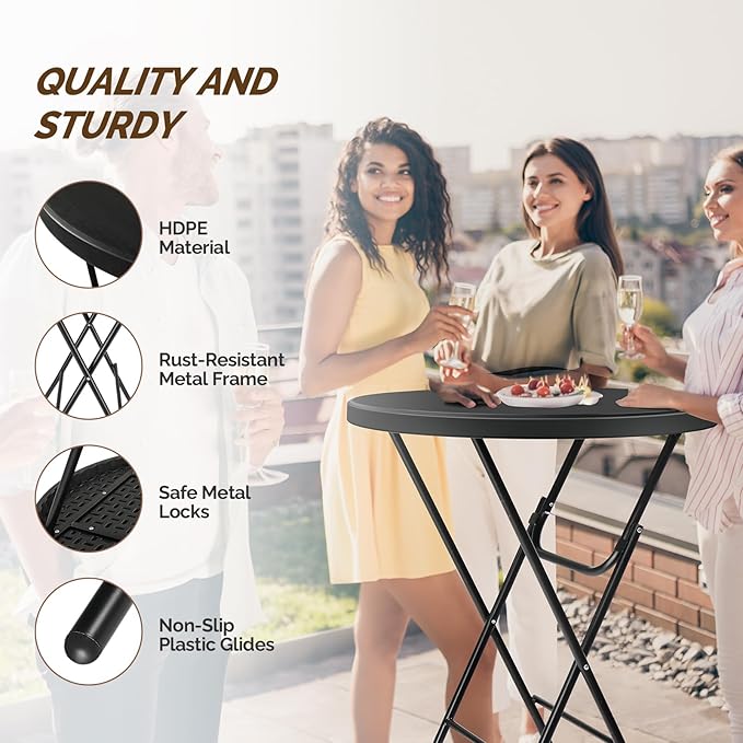VINGLI 32" Plastic Folding Round Table Bar Height, HDPE Matrial with Gray Metal Finish, High Top Table for Outdoor Party, Cafes, Restaurants, Backyard, Dining Room, Wedding Event,1 Pack, Black