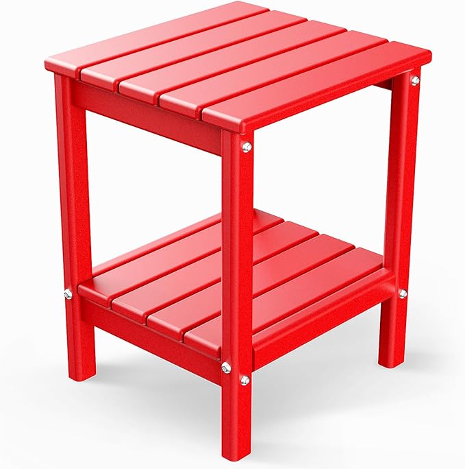 GREENVINES Adirondack-Outdoor-Side-Table | 14 x 13 Inches | HDPE Plastic | All Weather | Red | Outside End Tables | Storage Shelf | for Patio Porch Backyard Indoor