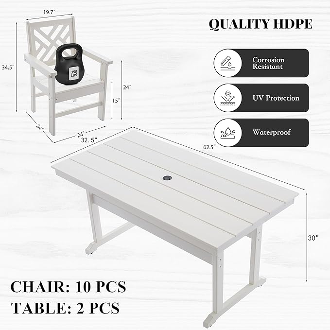 HDPE Dining Table Set for 10,12-Piece Outdoor Table and Chairs Include 10 Dining Chairs and 2 Pcs 62.5" Patio Dining Table with Umbrella Hole (White)