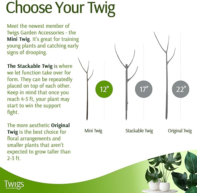 Mini Twigs Plant Support Stakes for Small Plants, Indoor & Outdoor Use, Gardening Supplies, Garden Accessories, Trellis & Ring Alternative, Made in USA - Moonstone, 10 Pack, 12" L