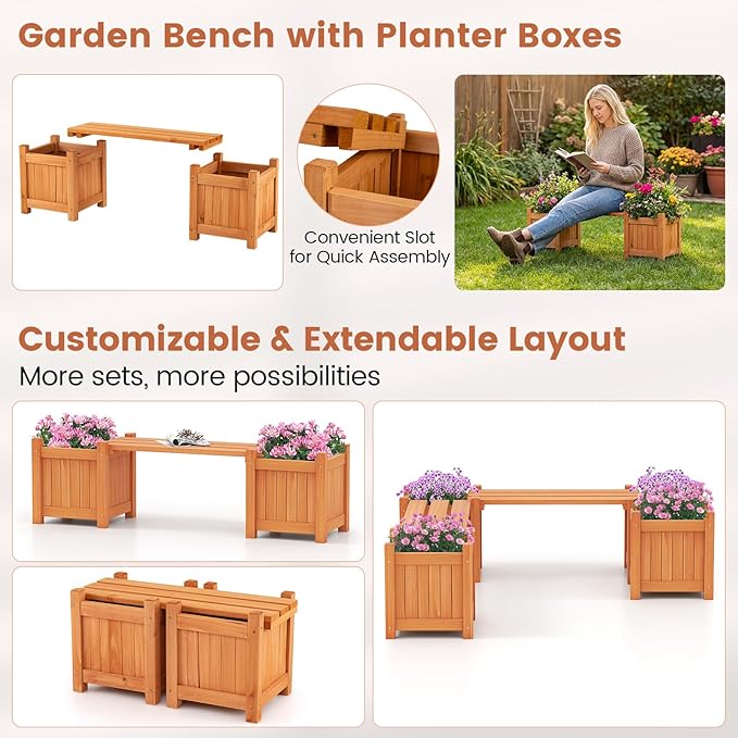 Giantex 2-in-1 Outdoor Bench with 2 Raised Garden Beds, Wood with Teak Oil Finish, Garden Bench Seat with Planter Boxes for Porch Balcony Lawn Yard, DIY Assembly, 42"x11"x11.5"