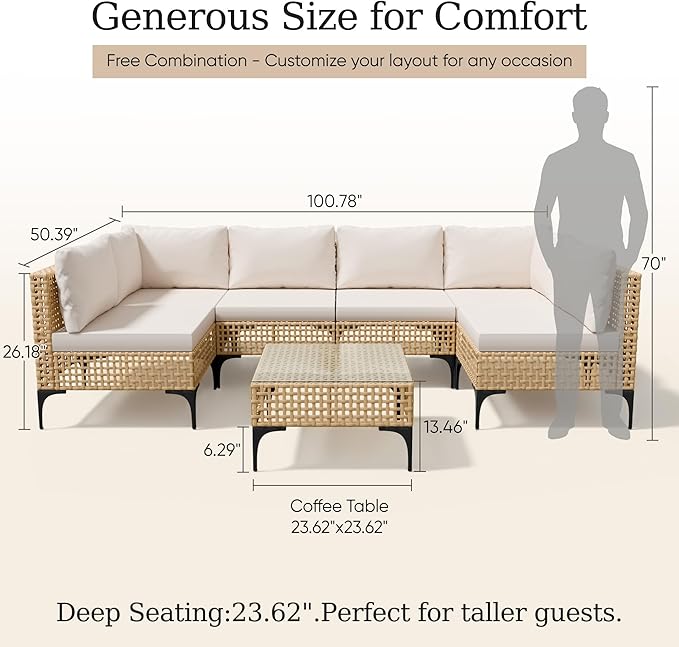 Devoko Patio Furniture Set 7 Piece Outdoor Sectional Sofa Hollow Rattan Patio Seating Sofa with Coffee Table & Ottoman for Deck, Porch, Poolside