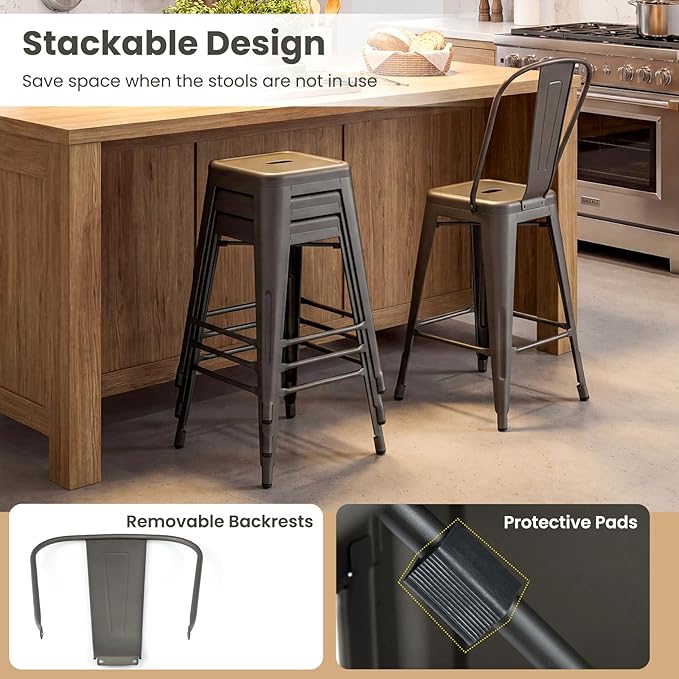COSTWAY 24'' Metal Bar stools Set of 4, with Removable Back, Counter Height Stools with Rubber Feet, Stylish and Modern Chairs, for Kitchen, Dining Rooms, and Side Bar (Gun-Update, 24'')