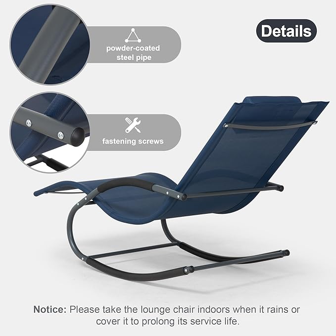 Outdoor Lounge Chair with Pillow, Pool Chaise Lounge Chair Set of 2, Navy Blue