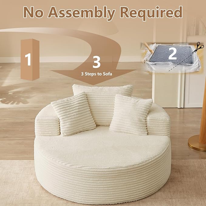Oversized Round Chair Lounge Chaise Indoor, Upholstered Corduroy Deep Seat Cloud Large Circle Sofa Chair, No Assembly Required, Fluffy Modern Sleeper Sofa Bed for Reading, Light White