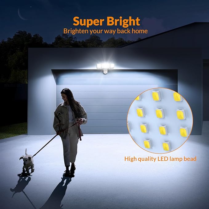 LEPOWER 1600LM LED Solar Security Lights Motion Outdoor, Motion Sensor Light, 5500K White Light, IP65 Waterproof Outdoor Flood Solar Light with 3 Adjustable Head for Yard, Garage（White）
