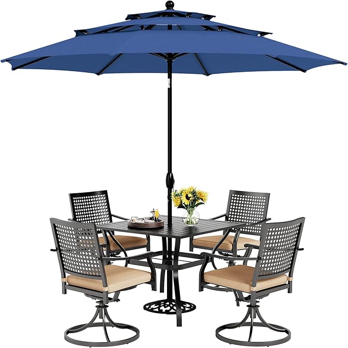 PHI VILLA 5 Pieces Outdoor Dining Set for 4 with 10ft Umbrella, 37" Metal Square Table & Swivel Wrought Iron Chair with Cushions & Blue Umbrella, Modern Furniture Set for Patio, Deck, Yard, Porch