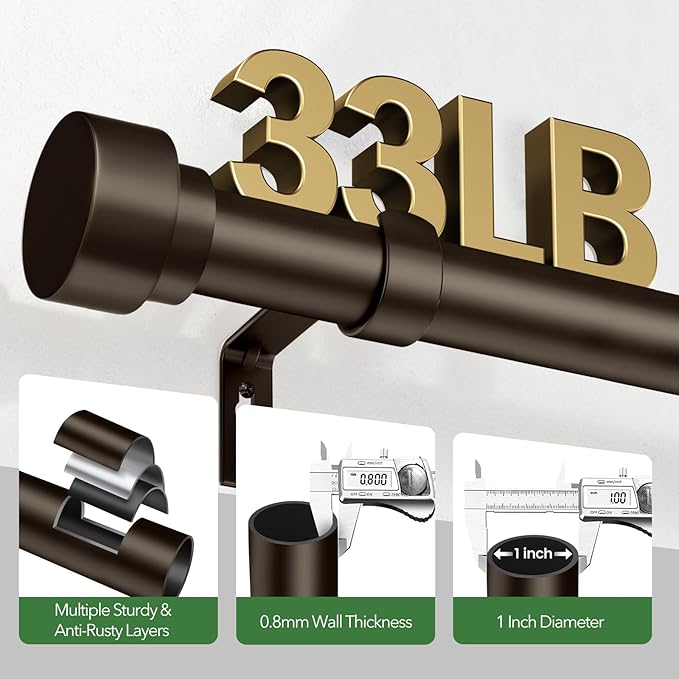 Curtain Rods for Windows 32 to 170, 1 Inch Adjustable Heavy Duty Long Window Outdoor Curtain Rod for Patio, Drapery Rods with Simple End Caps, Size 32"-170", Antique Bronze