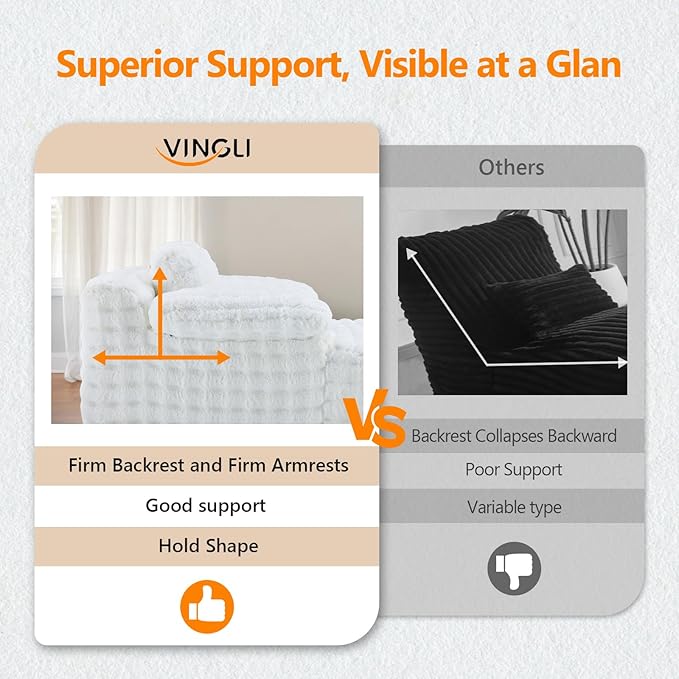 VINGLI 67.7" Oversized Chaise Lounge Chair Indoor Reading Chairs Comfy Bubble Fleece Upholstered Boneless Sofa Bed Sleeper Sofa Cloud Couches for Living Room, Bedroom, Play Room (White)