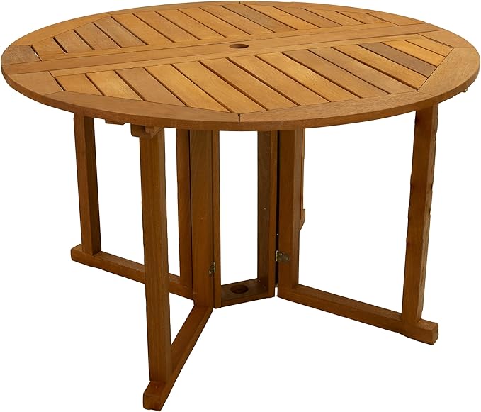 Sunnydaze Malaysian Hardwood Folding Gateleg Patio Dining Table with Teak Oil Finish - 4-Person Space-Saving Round Outdoor Table - 47.25” D x 29" H