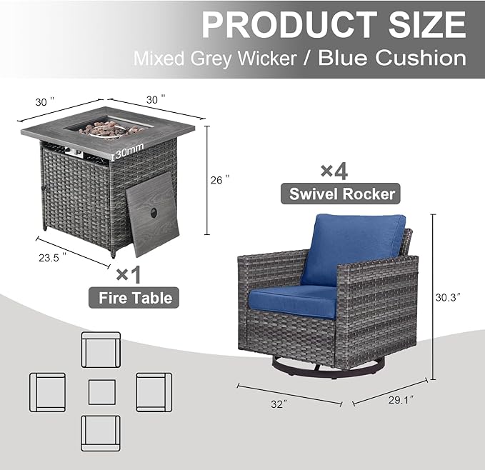 Belord 5 Pieces Wicker Patio Furniture Set: 4 Outdoor Swivel Glider Rocker Patio Conversation Set with 50000BTU Propane Fire Pit Table, All Weather Brown Rattan Anti-Rust Frame, Blue Cushion