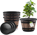 Quarut Plant Pots Set of 4 Pack 12 inch,Large Whiskey Barrel Planters with Drainage Holes & Saucer.Plastic Flower Pots Imitation Wine Barrel Design, for Indoor & Outdoor Garden Home Plants (Brown)