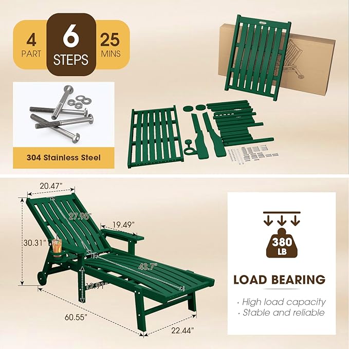 Patio Chaise Lounge Chair Set of 4, Oversized Lounge Chair Outdoor with 5 Positions, HDPE, Patio Lounge Chair with Wheels & Cup Holder for Pool, Deck, Poolside,Green