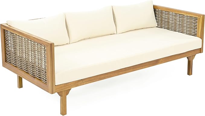 Christopher Knight Home Claremont Patio Sofa and Coffee Table Set, 2 Piece Wicker Patio Furniture Set, Acacia Wood 3 Seater Outdoor Sofa Daybed and Coffee Table Set, Teak+Beige