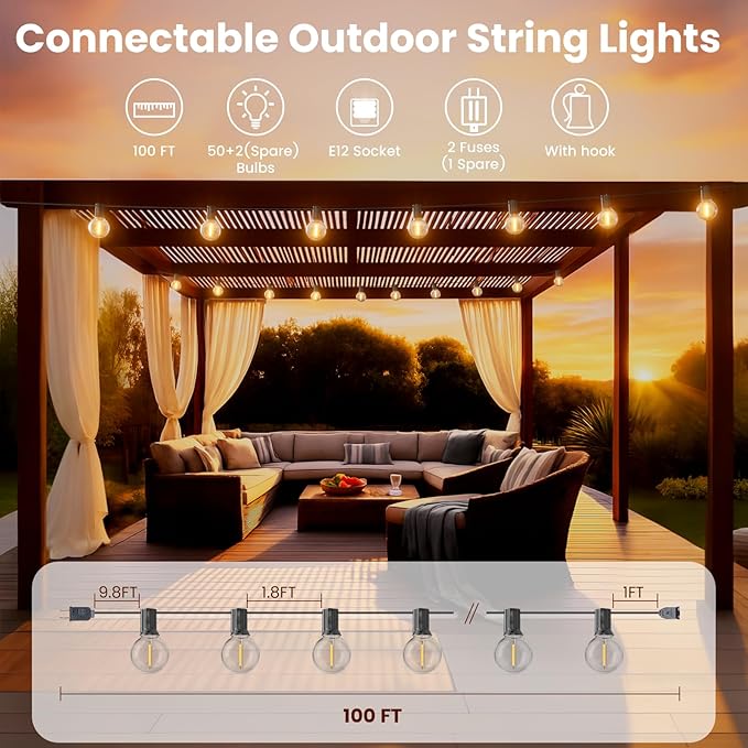 RTTY Dense-Glow 100FT All-Purpose Outdoor String Lights with 50 G40 Bulbs - Versatile for Patio & Deck Lighting, Backyard Gatherings, Poolside Evenings, and Intimate Wedding Decor