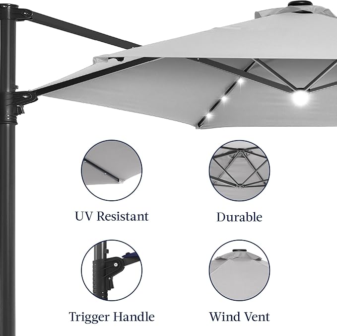 Best Choice Products 10ft Solar LED Offset Cantilever Hanging Market Patio Umbrella, Smooth 360° Rotation, 8 Sturdy Ribs, Easy Adjustment - Fog Gray