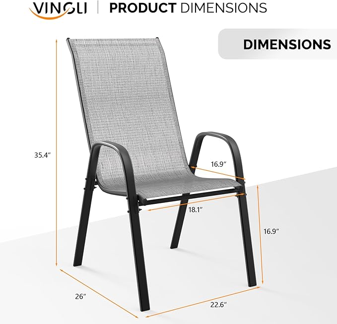 VINGLI Patio Chairs Set of 6 – Stackable Outdoor Dining Chairs with Comfortable Sling High Back Chairs and Armrests for Lawn, Poolside, Courtyard, Balcony, Garden, Silver Gray