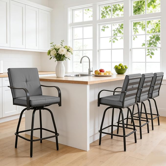 Outdoor Swivel Bar Stools Set of 4,Bar Height Patio Chairs with Cushions and High Backrest, All Weather Patio Bar Stools Furniture for Bistro Lawn, Pool, Garden and Backyard,Gray