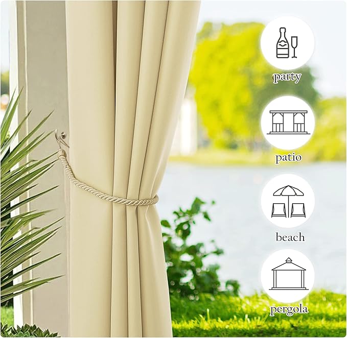 NICETOWN Extra Wide Outdoor Curtains for Patio Waterproof 2 Panels, Beige Rustproof Grommet Thick & Weighted Indoor Outdoor Curtains for Yard/Gazebo, W100 x L84 Inch