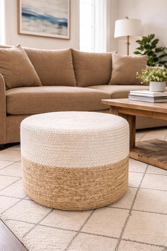 S & L Homes Pouf Ottoman - 100% Jute Braided Footrest Pouf Hand Knitted Traditional Cord Boho Pouffe for Living Room, Bedroom, Nursery, Patio, Lounge Colorblock - Natural Ivory (18”x18”x12”)