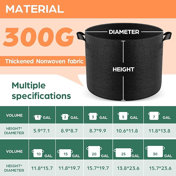 10 Pack 5 Gallon Grow Bags, Thickened Nonwoven Fabric Planter Pots with Handles, Heavy Duty 300G Garden Pots for Tomato, Potato and Vegetable