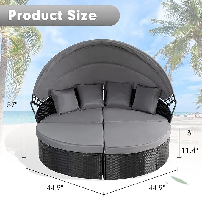 SUNCROWN Outdoor Patio Round Daybed with Retractable Canopy, Black Wicker Furniture Sectional Couch with Washable Cushions, Backyard, Porch