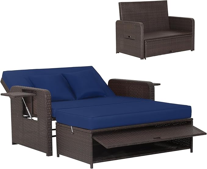 HAPPYGRILL Patio Rattan Wicker Daybed with Loveseat & Storage Ottoman, Outdoor Lounge Sofa Furniture Set with Adjustable Backrest & Side Trays, for Poolside Deck Porch Lawn (Mix Brown & Navy)