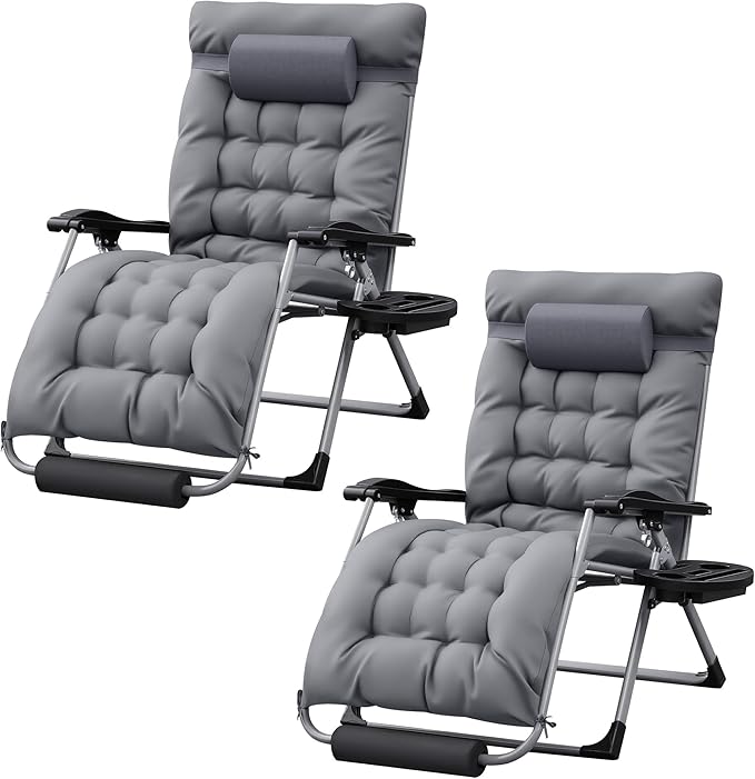 Homall Oversized Zero Gravity Chair, Set of 2 Recliner Lounge Chair with Removable Soft Cushion and Cup Holder, Adjustable Anti Gravity Chair Folding Patio Chairs Padded for Indoor and Outdoor (Gray)