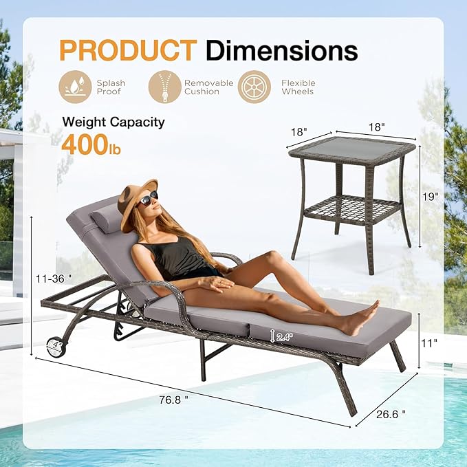 HOMREST Pool Lounge Chairs Set of 3, Outdoor Wicker Chaise Lounge Chair with 5 Adjustable Backrest & Flexible Wheels & Thicken Cushion for Patio Garden and Poolside, Gray